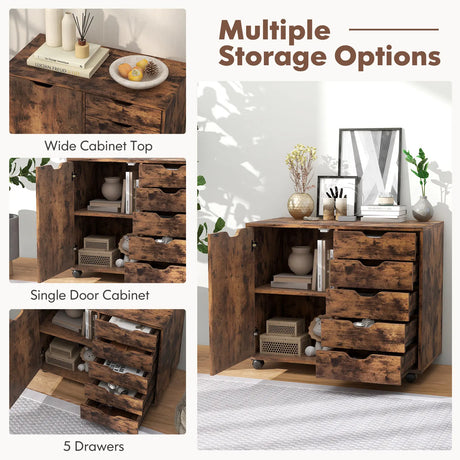 Mobile Storage Unit with 5 Drawers and Cupboard-White-Brown