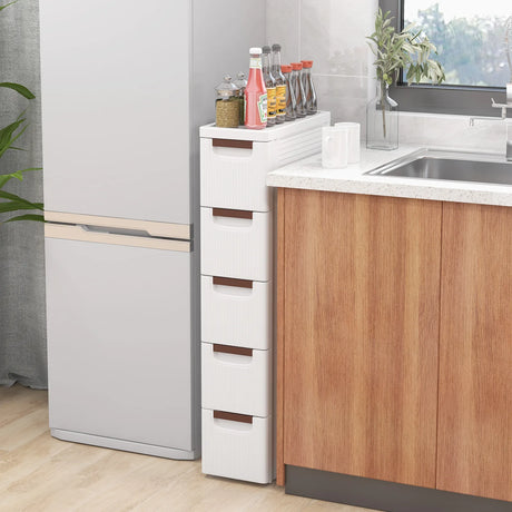 3/4/5/6-Drawer Rolling Organizer Unit Narrow Storage Cabinet with Built-In Wheels for Small Space-5-Drawer