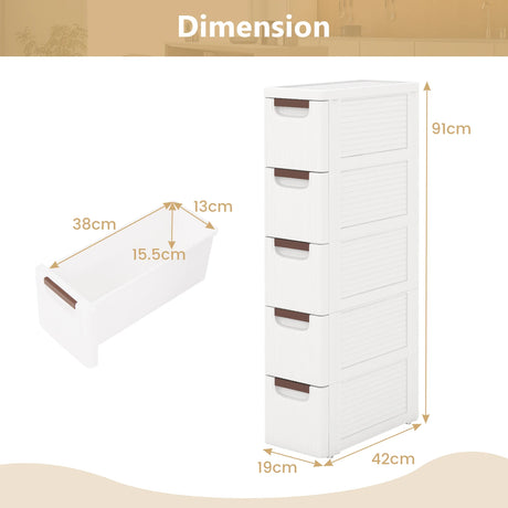 3/4/5/6-Drawer Rolling Organizer Unit Narrow Storage Cabinet with Built-In Wheels for Small Space-5-Drawer