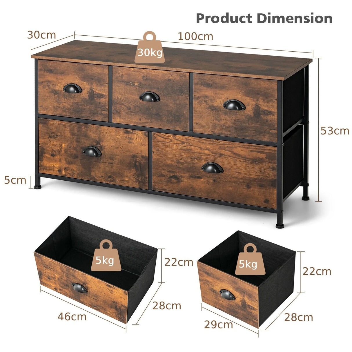 2-Tier Dresser Organizer with 5 Drawers & Steel Frame