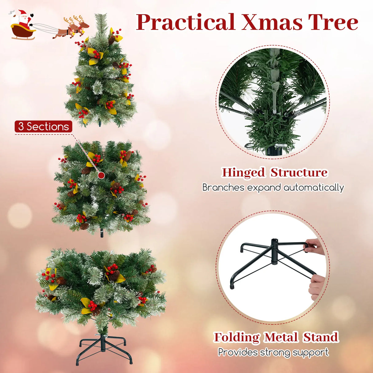 Pre-Lit Artificial Christmas Tree with 453 PVC and 230 Warm White LED Lights-1.5M
