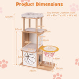 47 Inches Wooden Cat Tree with 2-Story Cat Condo and Basketball Hoop Hammock-Natural