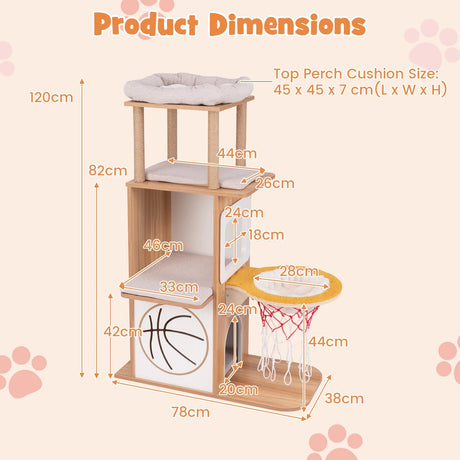 47 Inches Wooden Cat Tree with 2-Story Cat Condo and Basketball Hoop Hammock-Natural