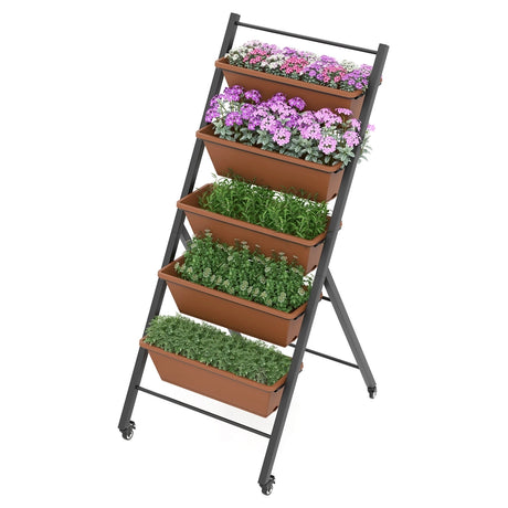 5-Tier Vertical Raised Garden Bed with Wheels and Container Boxes-Brown