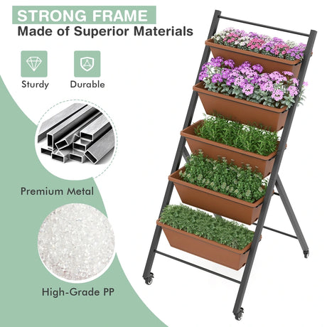 5-Tier Vertical Raised Garden Bed with Wheels and Container Boxes-Brown