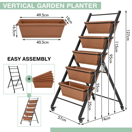 5-Tier Vertical Raised Garden Bed with Wheels and Container Boxes-Brown