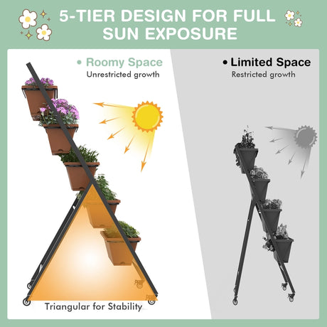 5-Tier Vertical Raised Garden Bed with Wheels and Container Boxes-Brown