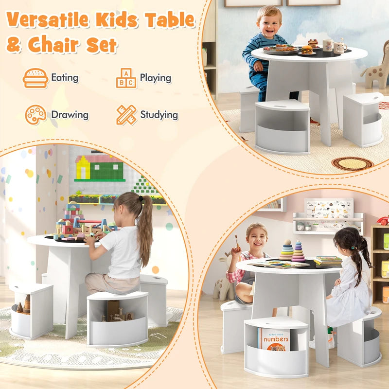 5 PCS Kids Table and Chair Set with Storage Stools for Activity-White