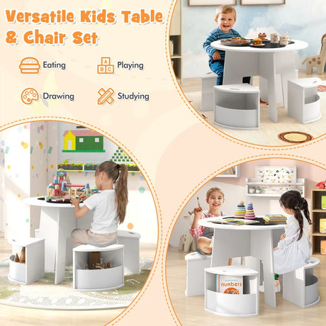 5 PCS Kids Table and Chair Set with Storage Stools for Activity-White