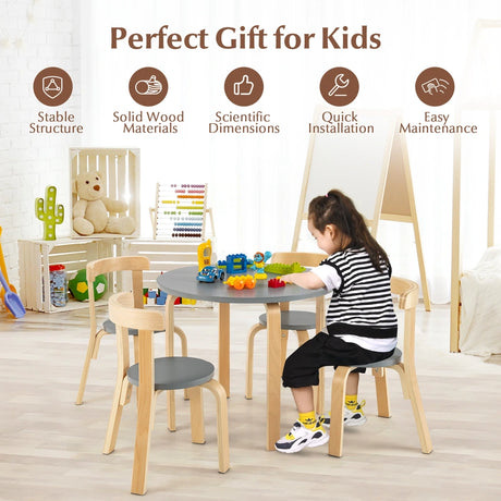 5 Pieces Kids Bentwood Curved Back Table and Chair Set-Grey