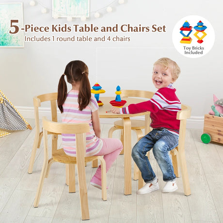 5 Pieces Kids Bentwood Curved Back Table and Chair Set-Natural