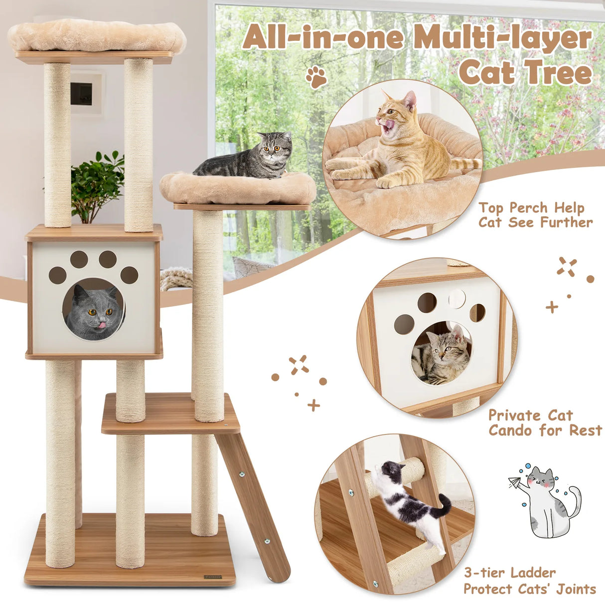 5-tier cat tree with house 59 x 59 x 157 cm