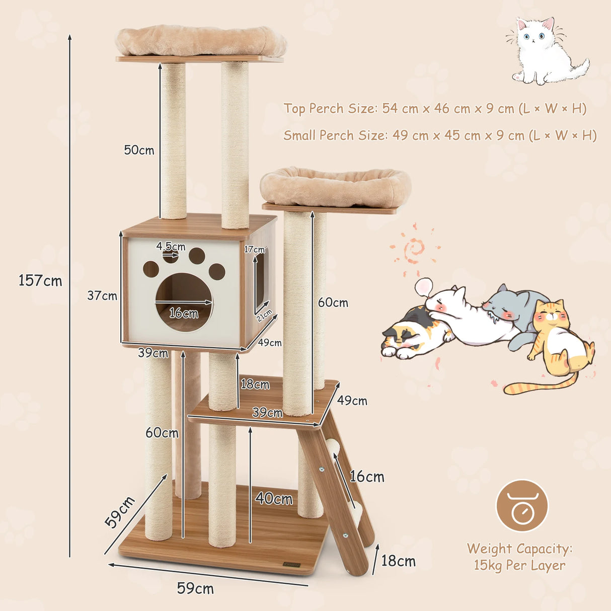 5-tier cat tree with house 59 x 59 x 157 cm