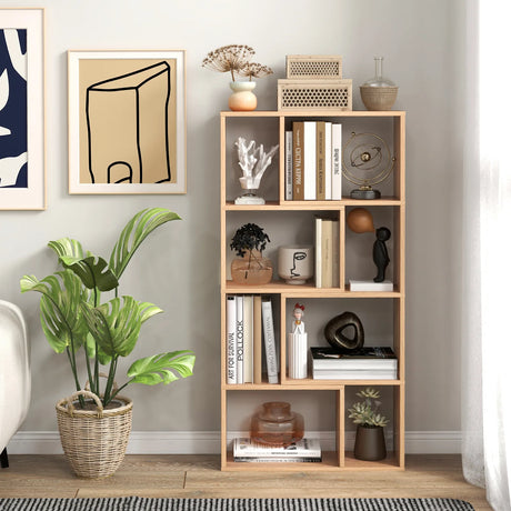 48 Inch 4-Tier Geometric Bookshelf with 8 Cubes for Living Room Bedroom-Natural