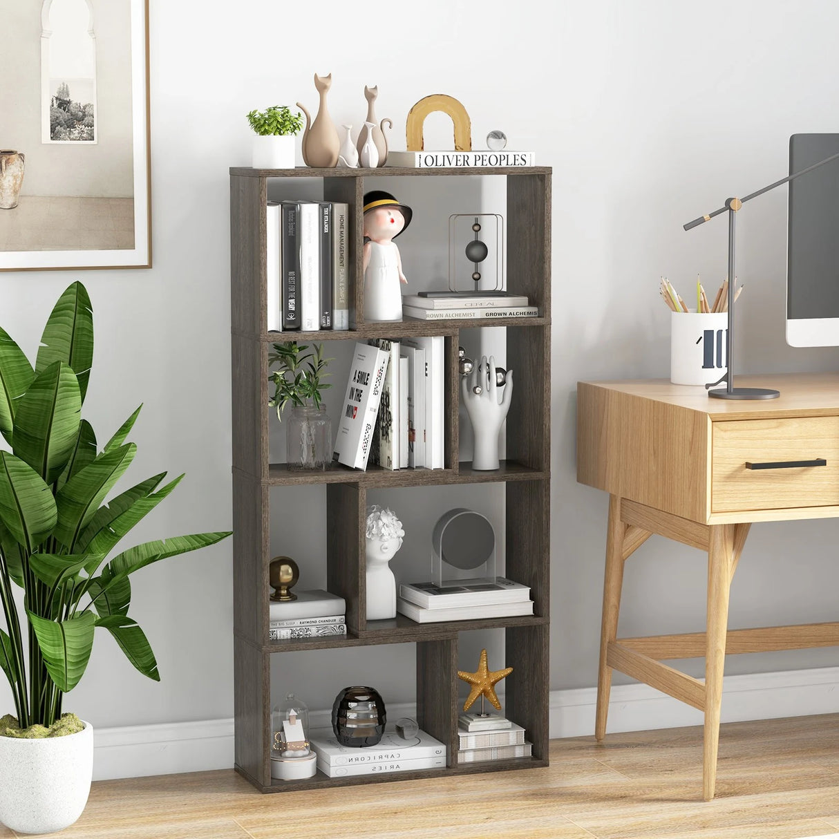 48 Inch 4-Tier Geometric Bookshelf with 8 Cubes for Living Room Bedroom-Gray