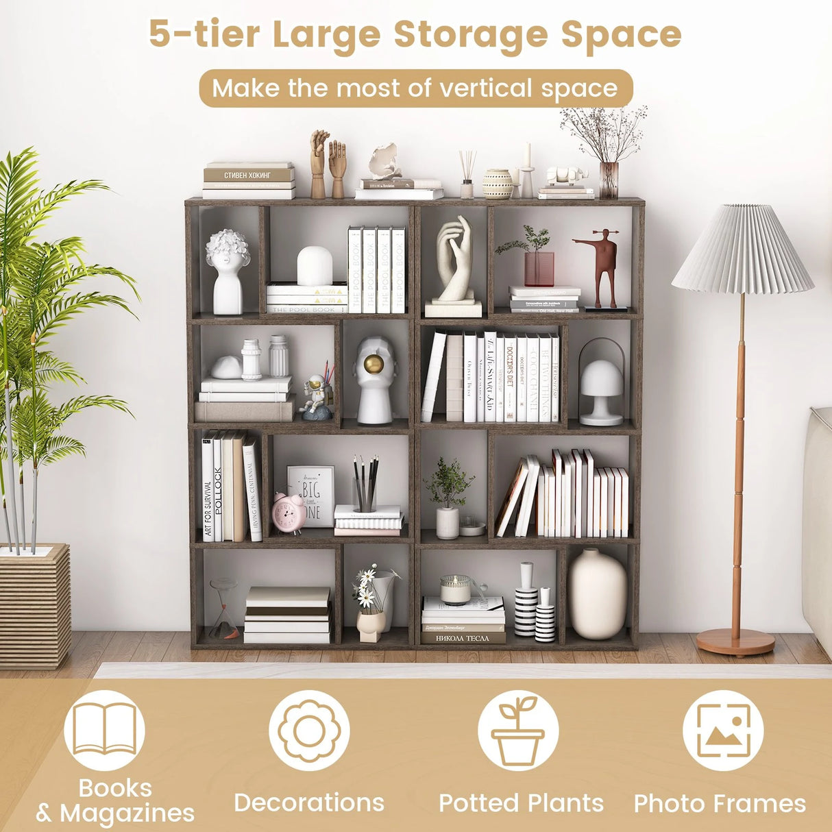 48 Inch 4-Tier Geometric Bookshelf with 8 Cubes for Living Room Bedroom-Gray