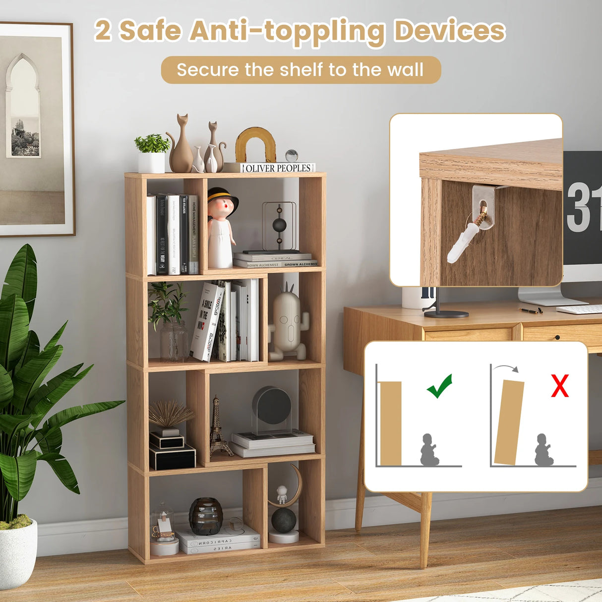 48 Inch 4-Tier Geometric Bookshelf with 8 Cubes for Living Room Bedroom-Natural