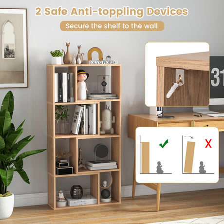 48 Inch 4-Tier Geometric Bookshelf with 8 Cubes for Living Room Bedroom-Natural