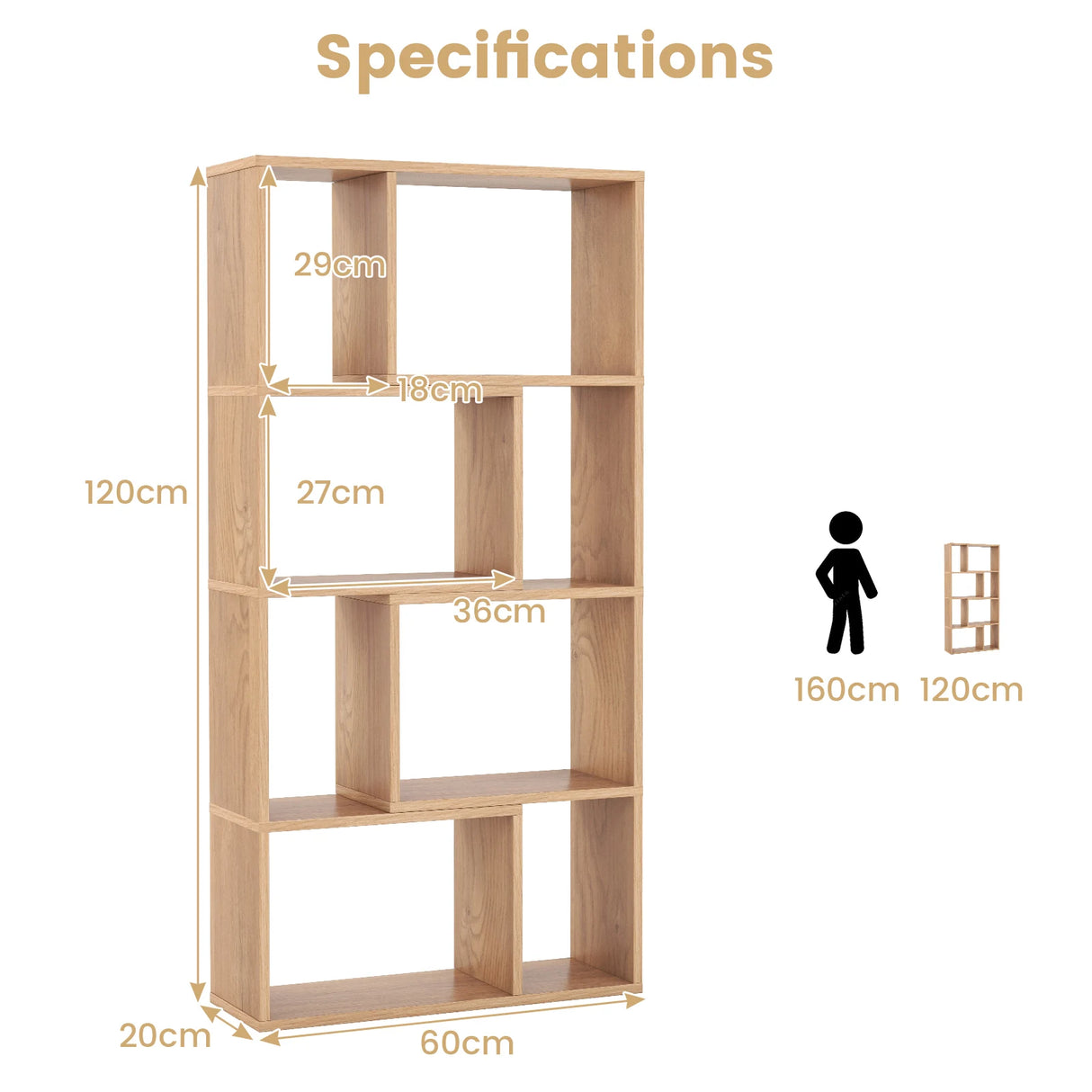 48 Inch 4-Tier Geometric Bookshelf with 8 Cubes for Living Room Bedroom-Natural