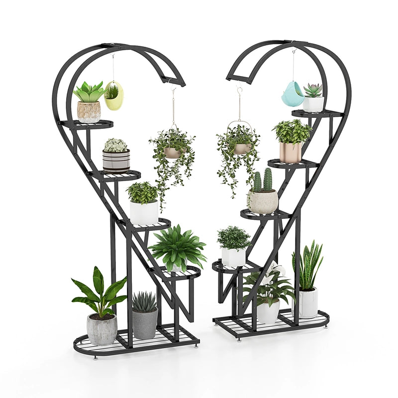 5 Tier Metal Plant Stand with Hanging Hook for Multiple Plants-Black