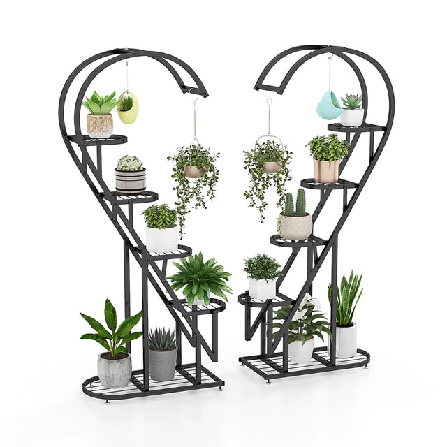 5 Tier Metal Plant Stand with Hanging Hook for Multiple Plants-Black