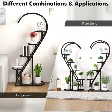 5 Tier Metal Plant Stand with Hanging Hook for Multiple Plants-Black