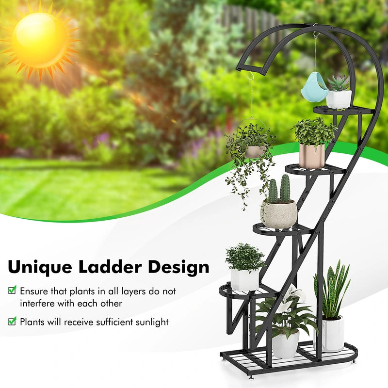 5 Tier Metal Plant Stand with Hanging Hook for Multiple Plants-Black