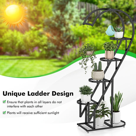 5 Tier Metal Plant Stand with Hanging Hook for Multiple Plants-Black