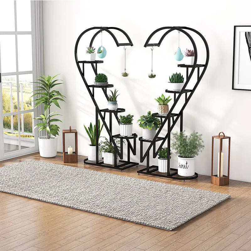 5 Tier Metal Plant Stand with Hanging Hook for Multiple Plants-Black