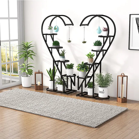 5 Tier Metal Plant Stand with Hanging Hook for Multiple Plants-Black