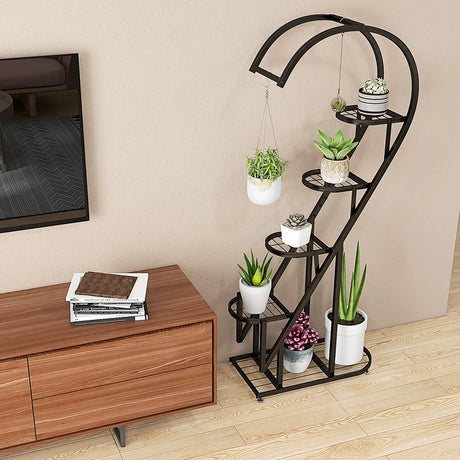 5 Tier Metal Plant Stand with Hanging Hook for Multiple Plants-Black