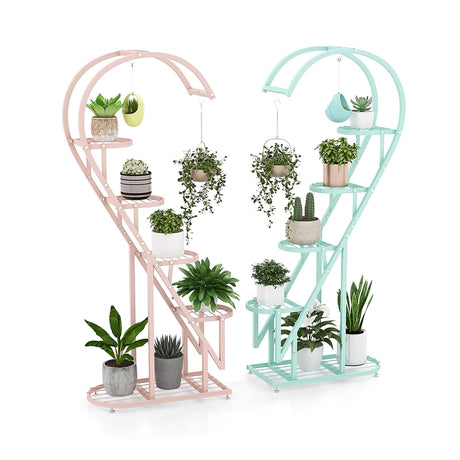 5 Tier Metal Plant Stand with Hanging Hook for Multiple Plants-Pink & Blue