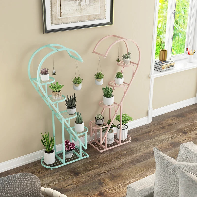 5 Tier Metal Plant Stand with Hanging Hook for Multiple Plants-Pink & Blue