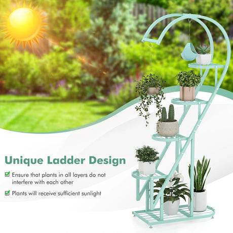 5 Tier Metal Plant Stand with Hanging Hook for Multiple Plants-Pink & Blue