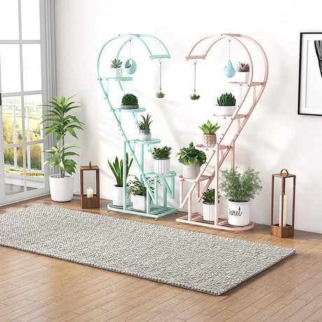 5 Tier Metal Plant Stand with Hanging Hook for Multiple Plants-Pink & Blue