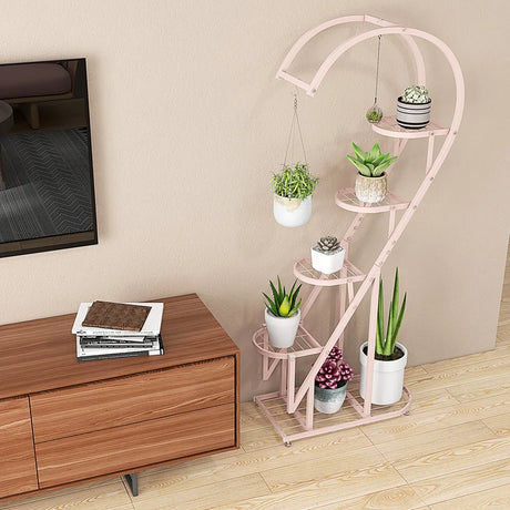 5 Tier Metal Plant Stand with Hanging Hook for Multiple Plants-Pink & Blue