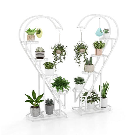 5 Tier Metal Plant Stand with Hanging Hook for Multiple Plants-White