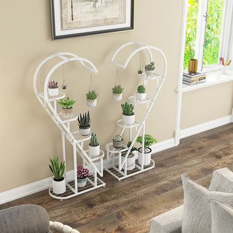 5 Tier Metal Plant Stand with Hanging Hook for Multiple Plants-White