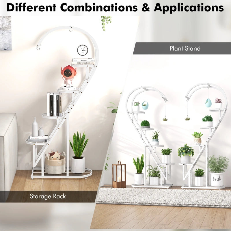 5 Tier Metal Plant Stand with Hanging Hook for Multiple Plants-White