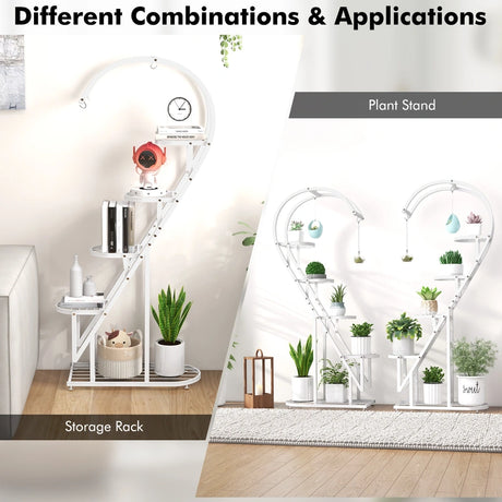 5 Tier Metal Plant Stand with Hanging Hook for Multiple Plants-White
