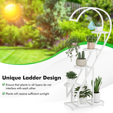 5 Tier Metal Plant Stand with Hanging Hook for Multiple Plants-White
