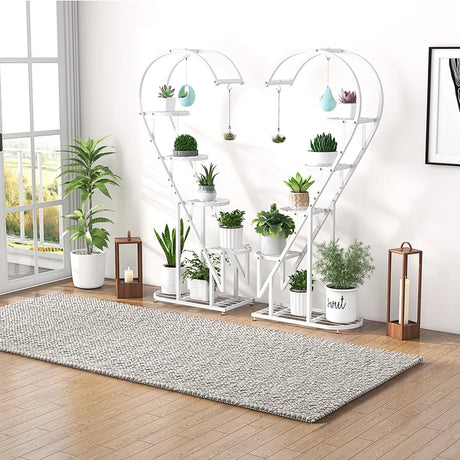 5 Tier Metal Plant Stand with Hanging Hook for Multiple Plants-White