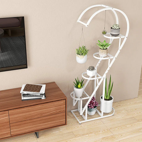 5 Tier Metal Plant Stand with Hanging Hook for Multiple Plants-White