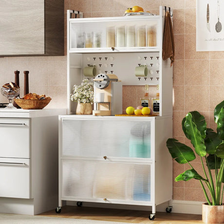 5 Tier Kitchen Bakers Rack with Lights and Flip Door Cabinets-White