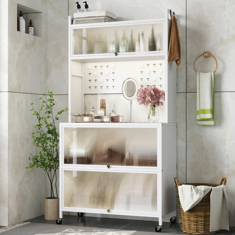 5 Tier Kitchen Bakers Rack with Lights and Flip Door Cabinets-White