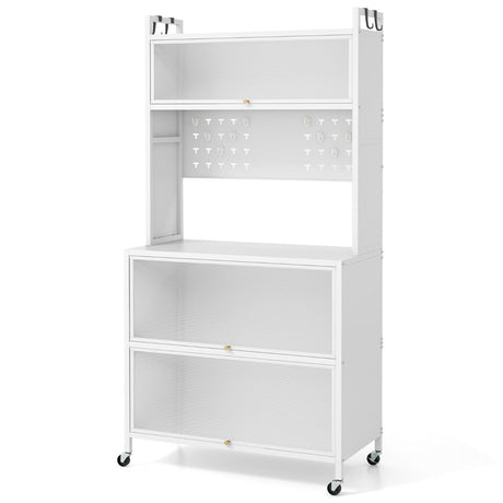 5 Tier Kitchen Bakers Rack with Lights and Flip Door Cabinets-White