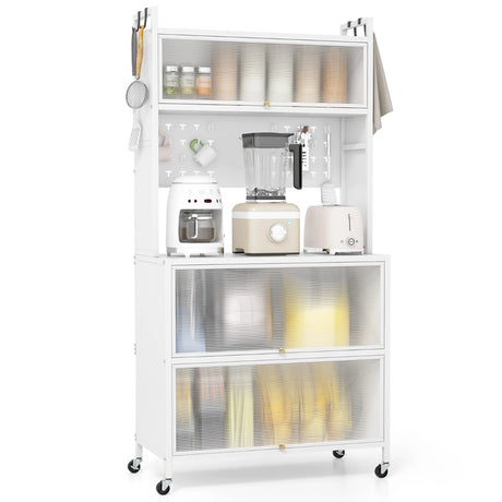 5 Tier Kitchen Bakers Rack with Lights and Flip Door Cabinets-White