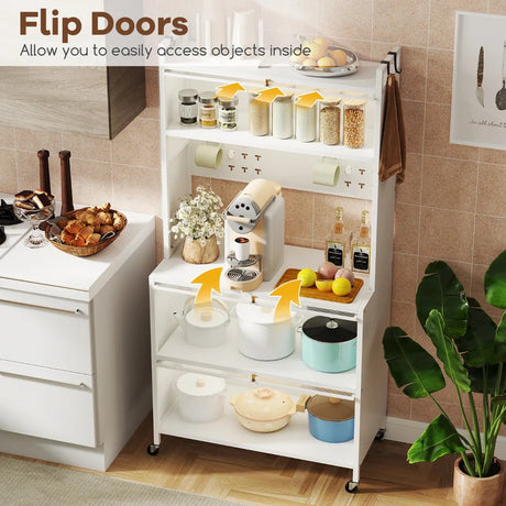 5 Tier Kitchen Bakers Rack with Lights and Flip Door Cabinets-White