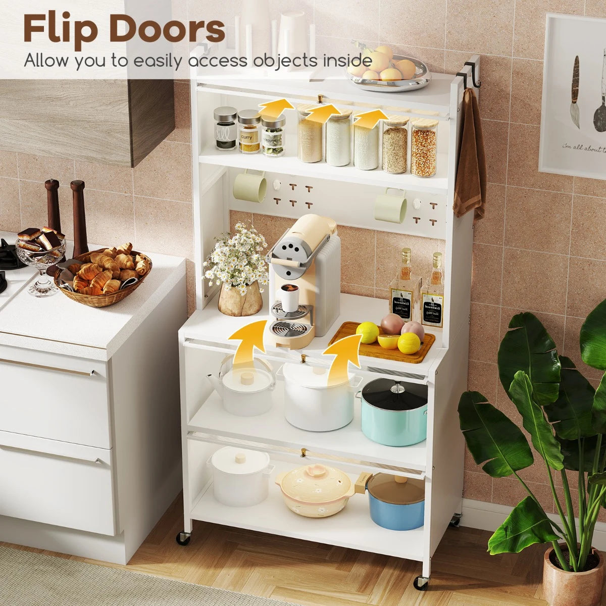 5 Tier Kitchen Bakers Rack with Lights and Flip Door Cabinets-White