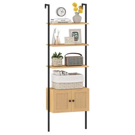 5-Tier Ladder Bookcase with Rattan Cabinet and Metal Frame-Natural
